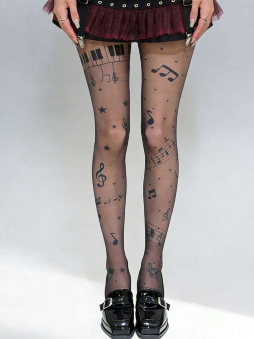 Black Sheer Music Note Patterned Tights